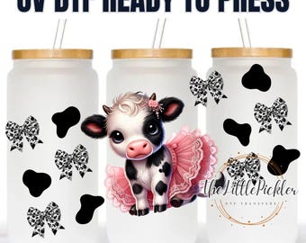 Ready to Apply Valentine cow print UV dtf Transfer, 16oz UV DTF Wrap, Ready to Apply Cup Wrap, Peel only, Permanent Adhesive,Waterproof