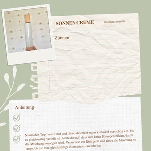 Op de afbeelding: Een handgeschreven recept voor zelfgemaakte zonnebrandcrème met instructies over hoe je het moet maken. Het recept bevat de tekst "SONNENCREME" en "@holistic.momlife".