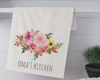 Oma's Kitchen Towel, Custom Cotton Tea Towel, Mother's Day Gift, Gift for Oma, Water Color Flowers Kitchen Decor, Mother's Day Gift, Grandma