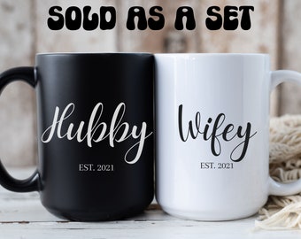 Wifey & Hubby Ceramic Mugs Set, Gift for Newlywed Couple, Wedding Gift, Bridal Shower Gift, Engagement Gift for Couple, Anniversary Gift