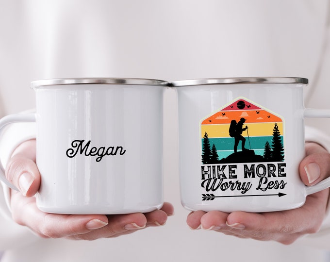 Personalized Enamel Camping Mug, Gift for Hiking and Camping Enthusiasts, Hike More Worry Less, Gift for Girlfriend, Outdoor Adventurer