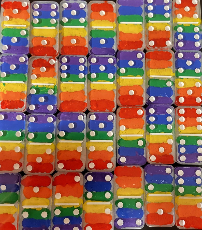 Hand Painted Resin Dominoes, Rainbow Color, Set of 28, Unique Item