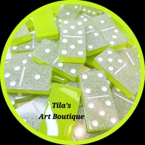 Fluorescent lime green w/ holographic glitter resin dominoes with box. Set of 28. White pips, unique handmade item, gift idea, family games.