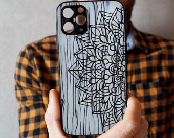 Personalized Wooden Phone Case Mandala Print Custom Cover Iphone 11 pro Case Laser Engraved Silicone Case for Iphone 11 pro 12 12 pro 13 14