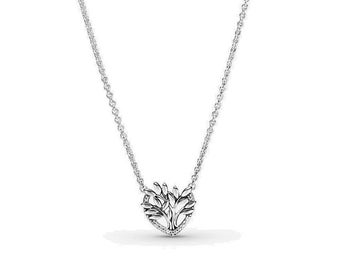 PANDORA Silver Family Tree Necklace Elevate Your Style with a Unique Pendant Necklace 50cm Length, Openwork Heart, Leaf Branch Detail, UK