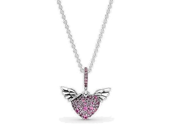 New Pandora Silver Purple Heart Angel Wings Necklace Artisan Crafted Wings Pendant with Pink Stones: Adjustable 45cm Chain for Freedom Lover