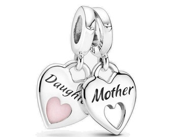 Pandora Silver Dangle Charm Double Heart Split Express Love with Unique Family Charms Gifts for Mother and Daughter Pink Charm Beads, UK