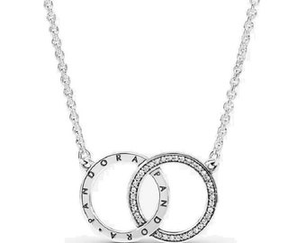 Pandora Silver Logo & Sparkle Collier Necklace 45cm Chain Sparkle Collier Necklace: Trending Entwined Circles Jewellery for Women's, UK