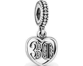 Pandora 30th Celebration Sterling Silver Dangle Charm Rhinestone Dangle Charms for Ladies' Bracelets Stunning 2023 UK Anniversary Jewellery