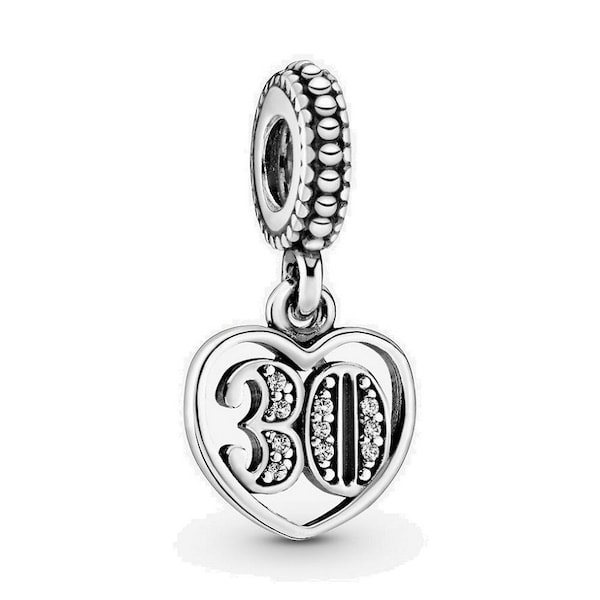 Pandora 30th Celebration Sterling Silver Dangle Charm Rhinestone Dangle Charms for Ladies' Bracelets Stunning 2023 UK Anniversary Jewellery