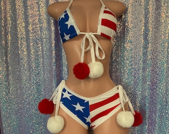 Stars and Stripes booty shorts set Pom Pom patriotic 4 th of July
