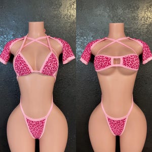 leopard pink sleeves thong stripper exotic dancer rave dancewear