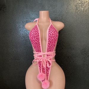 wrap around thong one piece pink leopard exotic dancer outfit stripper outfit exotic dancewear