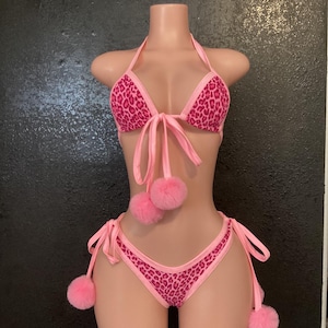 exotic dancewear stripper outfit exotic dancer rave leopard thong Pom Pom
