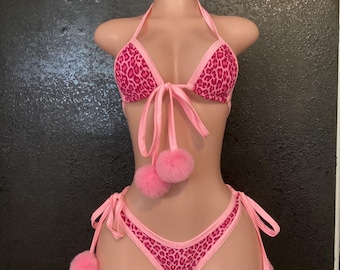 exotic dancewear stripper outfit exotic dancer rave leopard thong Pom Pom