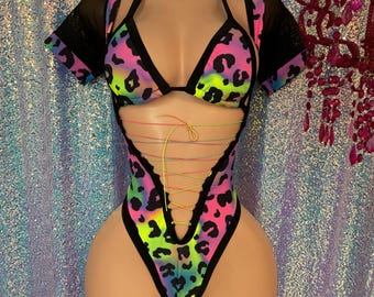 Exotic dancerwear bottle girl rave thong stripper outfit bodysuit high waist neon leopard cheetah