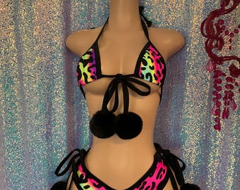 Neon animal leopard booty shorts or thong Pom Pom kawaii exotic dancewear rave outfit