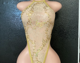 net sequin one piece exotic dancewear gold fishnet