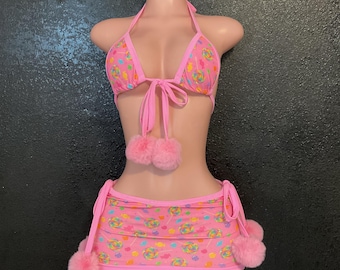 Candy collection Pom Pom skirt set stripper rave exotic dancer outfit