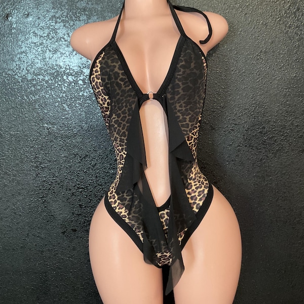 Exotic dancewear stripper outfit leopard thong one piece