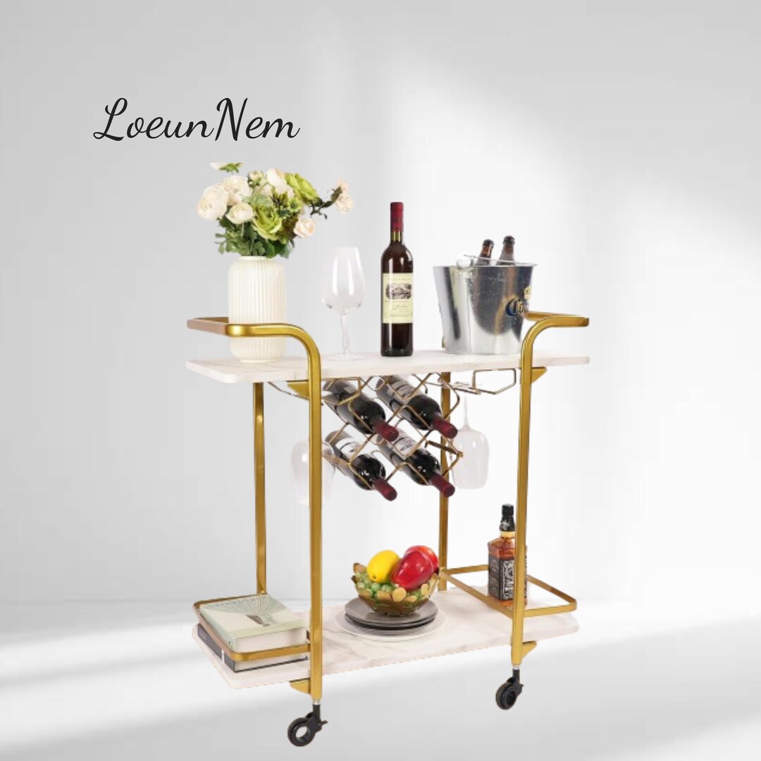 Deluxe Gold Bar Cart With Wine Racks and Glass Holders, Contemporary
