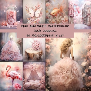 Papier de Scrapbooking, Journal indésirable, Papier numérique romantique, Aquarelle, Journal Éphémère, Pages de Journal Rose et Blanc