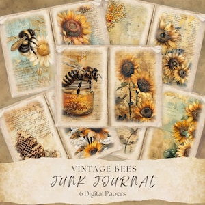 Papier numérique Vintage, kit de journal d'Abeille vintage, Fourniture de Scrapbooking, Texture journaux indésirable, Fleurs de Tournesol