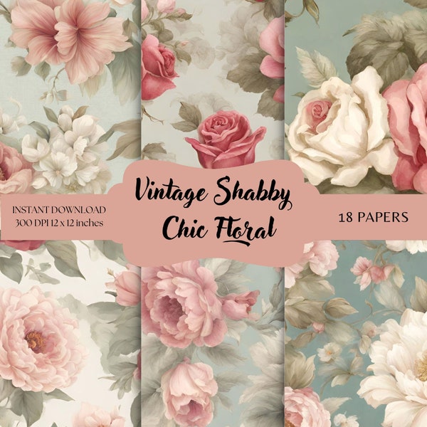 Papier scrapbooking floral, Pack de papier collage floral, Shabby Chic vintage, Papier numérique floral, Floral Shabby Chic