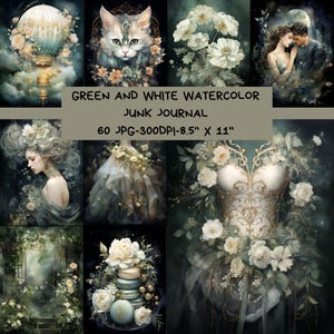 Papier de Scrapbooking, Journal indésirable, Papier numérique romantique, Aquarelle, Papier Vintage Éphémère, Pages de journal Vert et Blanc