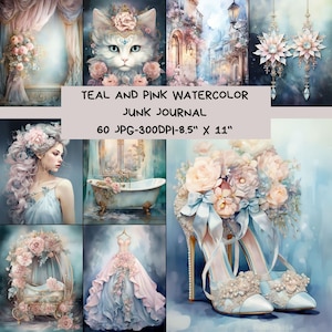 Papier de Scrapbooking, Journal indésirable, Papier numérique romantique, Aquarelle, Journal Éphémère, Pages de journal Rose Sarcelle