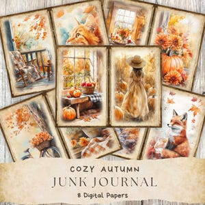Herbst Junk Journal, Aquarell Digitales Papier, Scrapbooking-Zubehör, Vintage Ephemera, Herbstszene, Kürbis