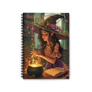 Trick or Treat book witch gift Spiral Notebook Gift Children Book Ruled Line Cauldron cooking cute flower girl witch halloween kids book
