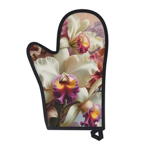 May include: An oven mitt featuring a floral design of white, yellow, and purple orchids against a soft pink background. The mitt has a black border and a loop for hanging. The design is detailed and artistic.