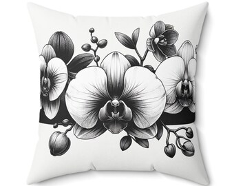 Almofada com orquídeas em preto e branco, almofada decorativa floral