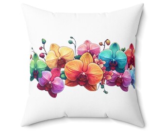 Almofada decorativa com orquídeas coloridas - Estampa floral dupla face