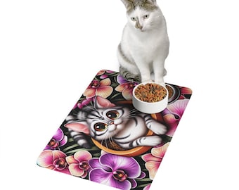 Pet Food Mat orquídea temática gatos perros regalo de Navidad regalo amante de las orquídeas mamá papá hogar amigo amante de los gatos gatito floral impermeable alfombra antideslizante