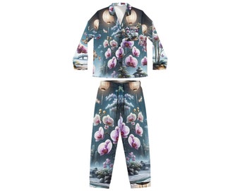 Conception asiatique d'orchidée de satin de pyjama pour des femmes, robe de nuit de dame, cadeau d'habillement de nuit, cadeau d'anniversaire de mariage, petite amie de mari d'épouse