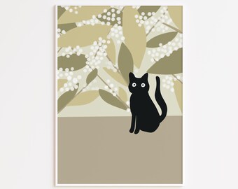 Abstract Black Cat Art Print, Boho Home Decor (Digital Download)