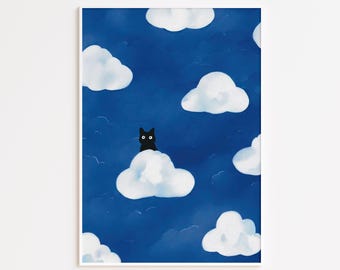 Cat Wall Art, Cat Print, Black Cat in the Clouds Hand Drawn Poster, Cute Animal Pop Illustration, Aesthetic Wall Decor Home