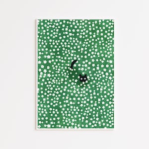 Black Cat in Daisies Meadow Art Print, Cute Pop Illustration (Digital Download)
