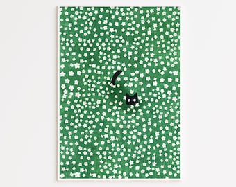 Black Cat in Daisies Meadow Art Print, Cute Pop Illustration (Digital Download)