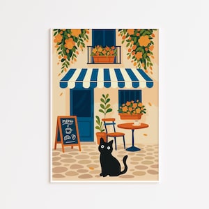 Arte de pared de gato, impresión de gato, póster de gato negro en la calle, ilustración pop de animal lindo, decoración de pared estética para el hogar, póster de gato negro