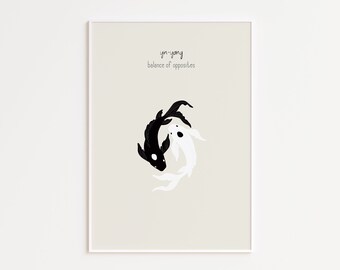 Yin Yang Koi fiskkonsttryck, japansk affisch (digitalt tryck)