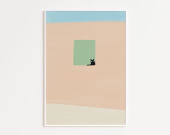 Cat Wall Art Print, Abstract Black Cat Drawing, Minimalist Cat Print, Cat Home Decor, Cat Poster, Modern Animal Decor, Neutral Tones