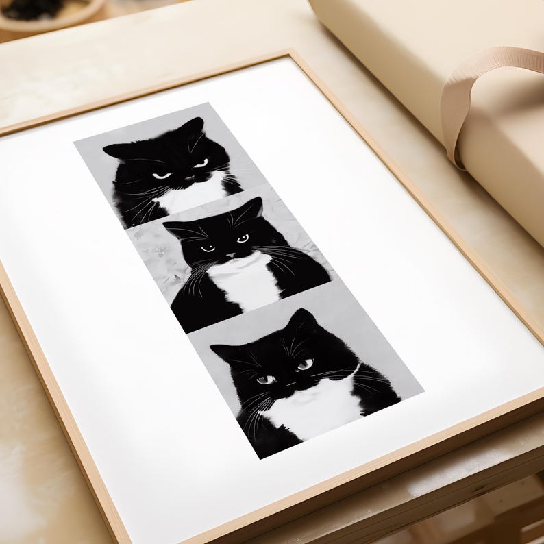 May include: A framed print featuring three panels, each showcasing a black and white cat portrait. The cats have black fur with white markings on their chest and face. The artwork is set against a light gray background.