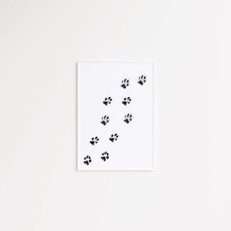May include: A white framed print with black paw prints in a diagonal pattern on a white background.