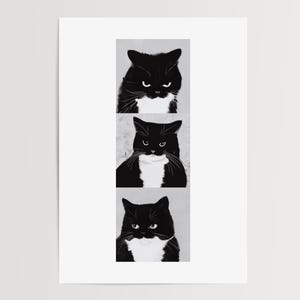 May include: Black and white art print featuring three portraits of a cat with varying expressions. The cat has black fur with a white chest and a grumpy expression in each portrait. The print is on a white background.