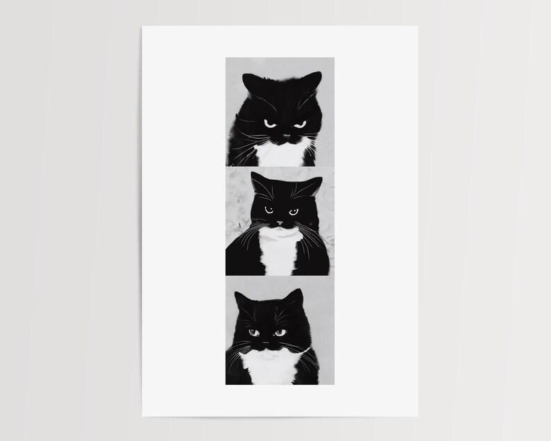 May include: Black and white art print featuring three portraits of a cat with varying expressions. The cat has black fur with a white chest and a grumpy expression in each portrait. The print is on a white background.