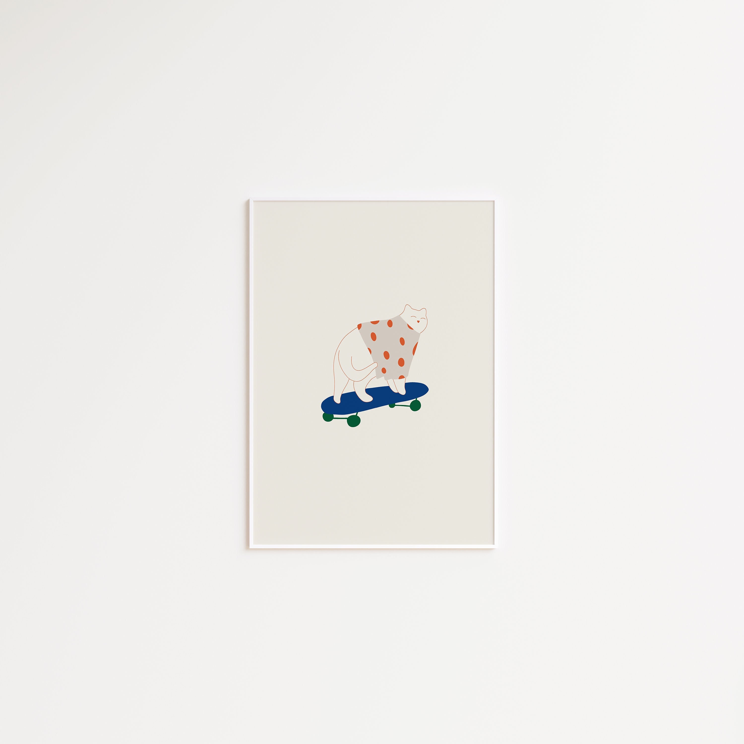 Cat Wall Art, Cat with Skateboard Illustrated Art Print, Cat Lover Wall Art, Minimal Cat Lover Gift, Cat Poster Print, Cat Line Art