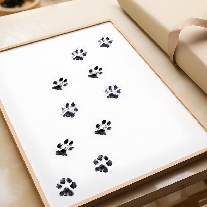 May include: A framed print of black paw prints on a white background. The paw prints are arranged in a vertical line, with the largest paw print at the bottom.